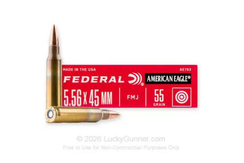 Federal American Eagle Rifle Ammunition 5.56X45 NATO 55gr FMJ 3165 fps 500/ct (25-20/ct)