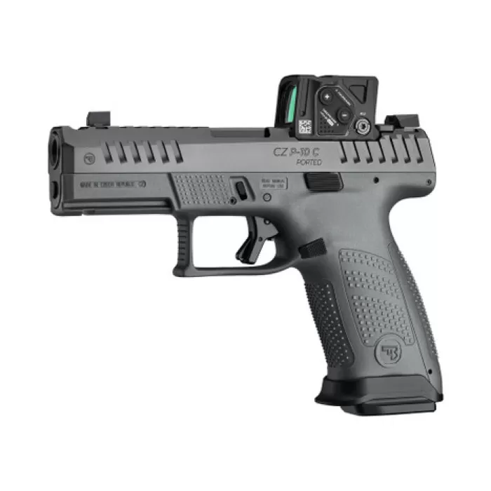 CZ-USA 01582 P-10 C w/Optic Compact Frame 9mm Luger 10+1 4" Black Nitride Integral Compensator Barrel, Black Nitride Steel Serrated w/Optic Slide, Black Polymer Frame w/Accessory Rail Textured Grip, A