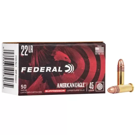 Federal American Eagle Suppressor Ammunition 22LR 45 Grain Copper Plated Lead Round Nose 50 Rd Bx - Dirty Bird Industries