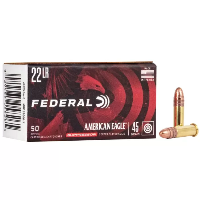 Federal American Eagle Suppressor Ammunition 22LR 45 Grain Copper Plated Lead Round Nose 50 Rd Bx - Dirty Bird Industries Federal American Eagle Suppressor Ammunition 22LR 45 Grain Copper Plated Lead Round Nose 50 Rd Bx - Dirty Bird Industries