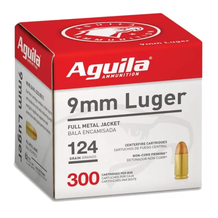 Aguila Ammunition 9mm Luger 124 Grain Full Metal Jacket, Brass Case, Pistol Ammo, 1115 ft/s, 300 Rounds, 1E092108 Aguila Ammunition 9mm Luger 124 Grain Full Metal Jacket, Brass Case, Pistol Ammo, 1115 ft/s, 300 Rounds, 1E092108