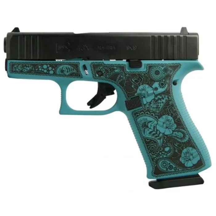 Glock 43X Engraved 9mm Pistol, Tiffany Blue/Black - PX4350201GRFP
