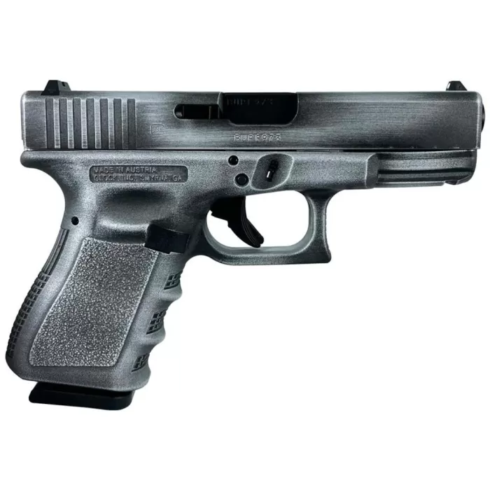 Glock 19 Gen 3 Custom "Crushed Silver Distressed" Compact Handgun 9Mm Luger 15/Rd Magazines (2) 4" Barrel Usa GLUI19502CSD 688099402976 Glock 19 Gen 3 Custom "Crushed Silver Distressed" Compact Handgun 9Mm Luger 15/Rd Magazines (2) 4" Barrel Usa GLUI19502CSD 688099402976