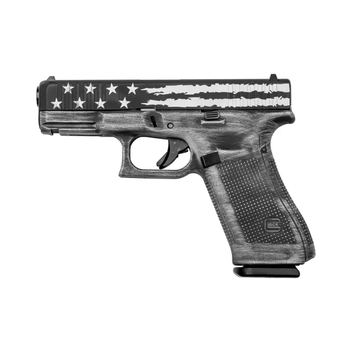 Glock 45 9mm Luger 4.02in Distressed Black & White Flag Cerakote Pistol - 17+1 Rounds Glock 45 9mm Luger 4.02in Distressed Black & White Flag Cerakote Pistol - 17+1 Rounds