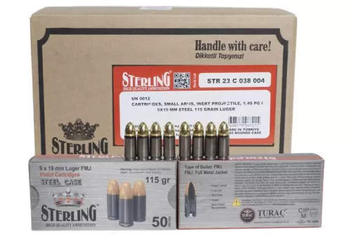 STERLING 9X19MM LUGER FMJ STEEL CASING 115GR CASE1500 UPC: 8698779967215