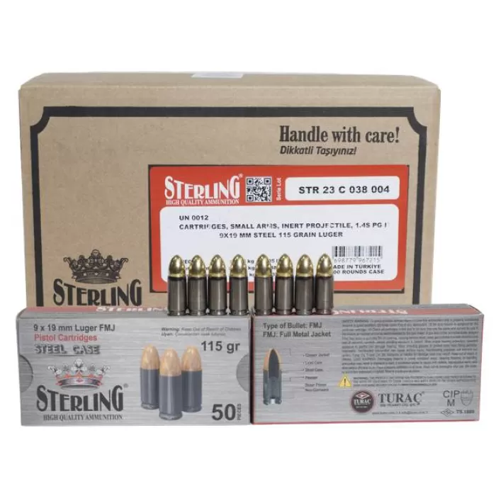 STERLING 9X19MM LUGER FMJ STEEL CASING 115GR CASE1500 UPC: 8698779967215