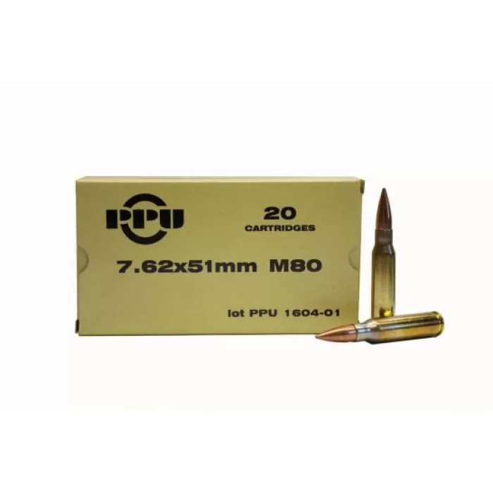 Ppu 7.62X51 145 Grain Weight M80 Fmjbt 20/Box PP7.68 Ppu 7.62X51 145 Grain Weight M80 Fmjbt 20/Box PP7.68