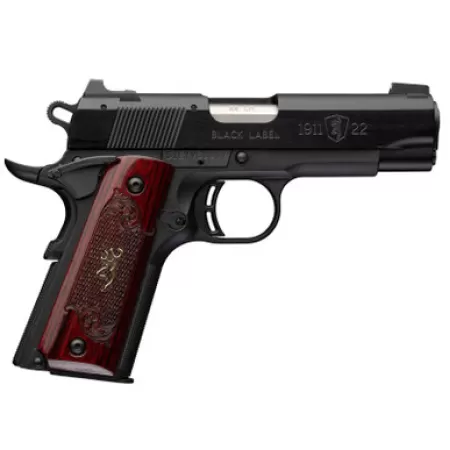 Browning 051070490 1911 Black Label Medallion Compact 22 LR 10+1 3.63" Matte Stainless Barrel, Black Anodized Aluminum Serrated Slide, Matte Black Polymer Frame w/Beavertail, Rosewood w/Gold BuckMark