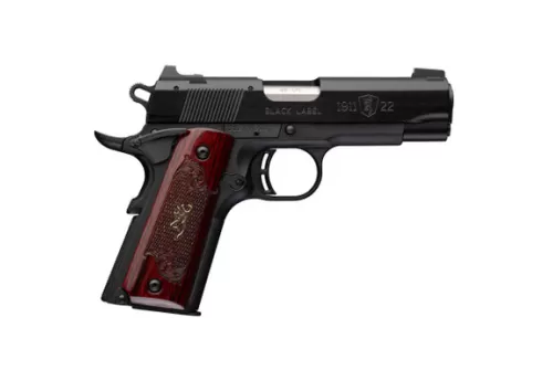 Browning 051070490 1911 Black Label Medallion Compact 22 LR 10+1 3.63" Matte Stainless Barrel, Black Anodized Aluminum Serrated Slide, Matte Black Polymer Frame w/Beavertail, Rosewood w/Gold BuckMark