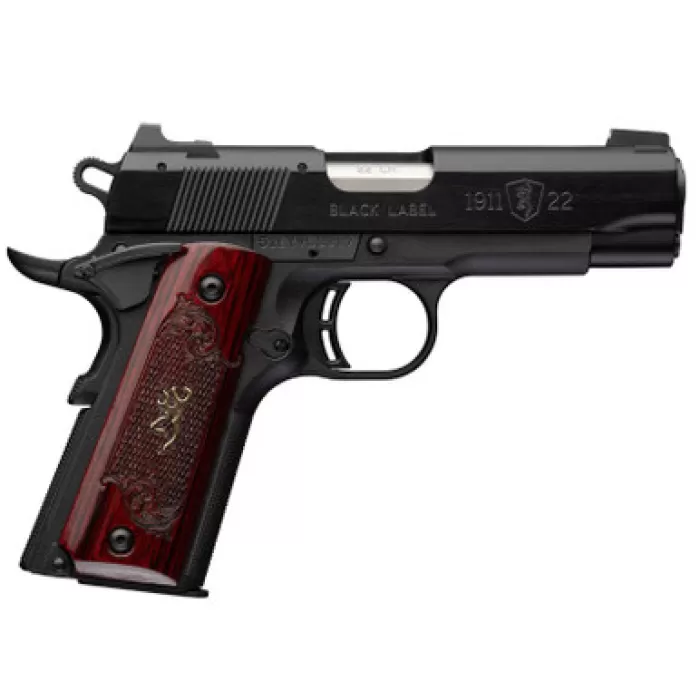 Browning 051070490 1911 Black Label Medallion Compact 22 LR 10+1 3.63" Matte Stainless Barrel, Black Anodized Aluminum Serrated Slide, Matte Black Polymer Frame w/Beavertail, Rosewood w/Gold BuckMark