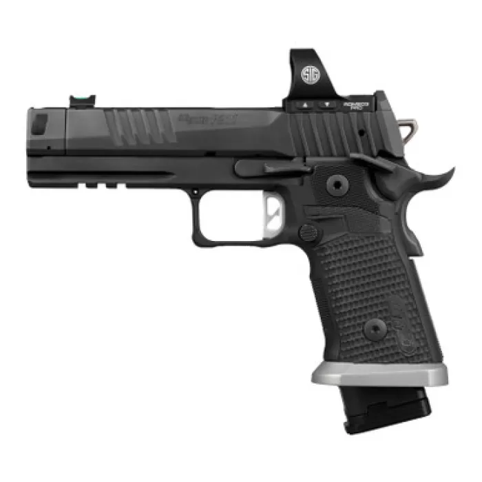 Sig Sauer P211 GTO w/Optic 9mm Luger 23+1 4.40" Bull Barrel, Black Nitron Stainless Steel Serrated w/Optic Slide & Frame w/Beavertail & Picatinny Rail, Black G10 Grip, Sig ROMEO3 PRO Red Dot, Ambidex