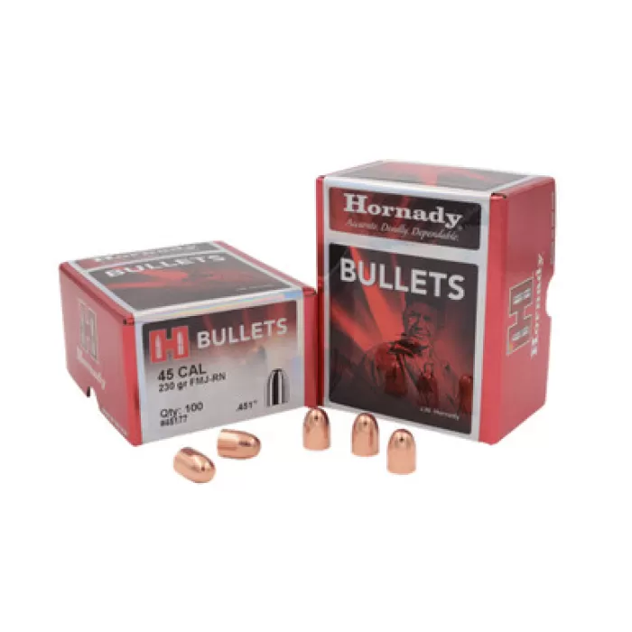 Hornady 45177 FMJ Handgun .45 Cal .451 230 gr Full Metal Jacket Round Nose (FMJRN) 100 Per Box Hornady 45177 FMJ Handgun .45 Cal .451 230 gr Full Metal Jacket Round Nose (FMJRN) 100 Per Box