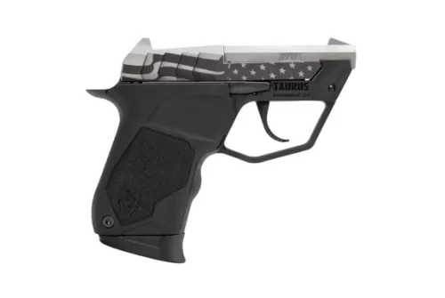Taurus 1-22TUC139-USFLAG 22TUC Micro-Compact Frame 22 LR 9+1 2.50" Stainless Tip-Up Barrel, Custom Engraved Serrated Slide, Black Polymer Frame