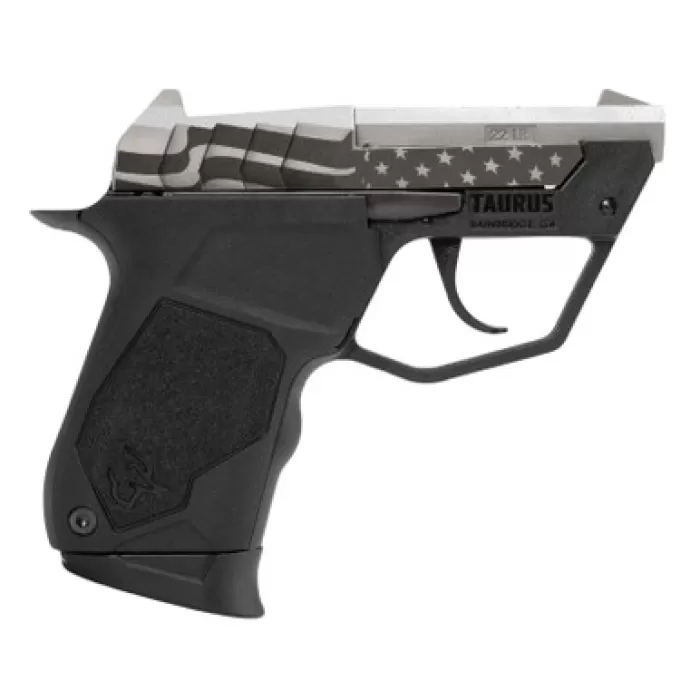 Taurus 1-22TUC139-USFLAG 22TUC Micro-Compact Frame 22 LR 9+1 2.50" Stainless Tip-Up Barrel, Custom Engraved Serrated Slide, Black Polymer Frame