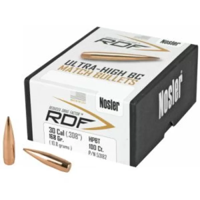 Nosler 53182 RDF 30 Cal .308 168 gr Hollow Point Boat Tail (HPBT) 100 Per Box Nosler 53182 RDF 30 Cal .308 168 gr Hollow Point Boat Tail (HPBT) 100 Per Box