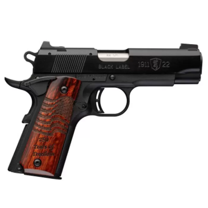 Browning 051072490 1911 Black Label Medallion 250 Compact Frame 22 LR 10+1 3.63" Matte Stainless Steel Barrel, Black Anodized Aluminum Serrated Slide, Matte Black Polymer Frame w/Beavertail, Engraved