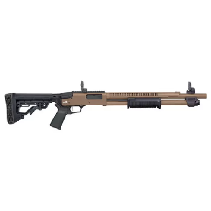 Mossberg 50758 590R 12 Gauge Pump 3" 6+1 18.50" Flat Dark Earth Cerakote Heat Shield Barrel, Flat Dark Earth Cerakote Steel Receiver, Black AR Mil-Spec Adjustable Synthetic Stock, Black Magpul Grip