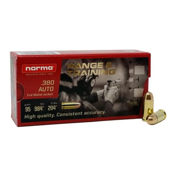 NORMA RANGE & TRAINING .380 ACP 95GR FULL METAL JACKET 50 ROUNDS PER BOX NORMA RANGE & TRAINING .380 ACP 95GR FULL METAL JACKET 50 ROUNDS PER BOX
