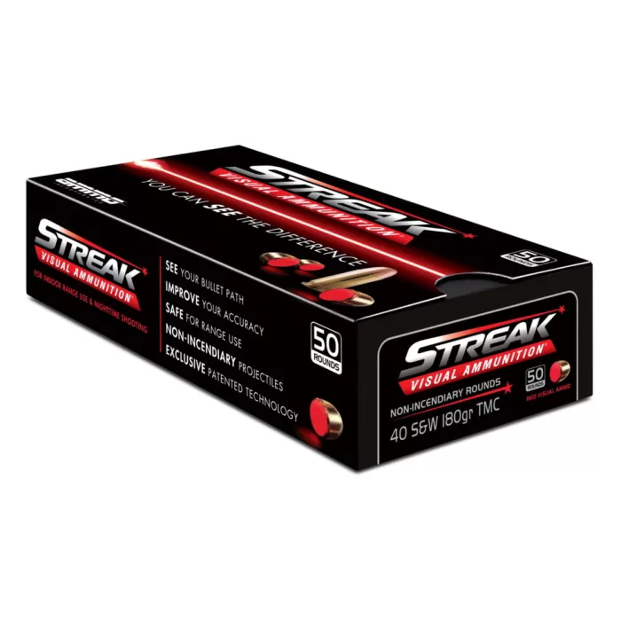 Ammo, Inc. Streak .40 S&W 180 Grain Tracer-Like Full Metal Jacket Brass Cased Red Pistol Ammo, 50 Rounds, 40180TMC-STRK-RED-50 Ammo, Inc. Streak .40 S&W 180 Grain Tracer-Like Full Metal Jacket Brass Cased Red Pistol Ammo, 50 Rounds, 40180TMC-STRK-RED-50