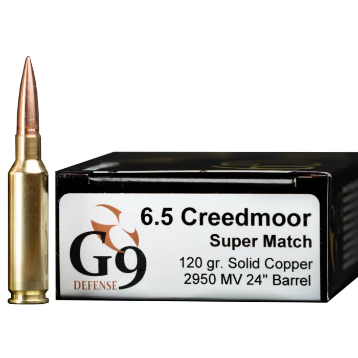 G9 6.5 Creedmoor 120gr Supermatch Barrier Blind Hollow Point Solid Copper Bullet Ammunition 20-Rounds 2950 FPS G9 6.5 Creedmoor 120gr Supermatch Barrier Blind Hollow Point Solid Copper Bullet Ammunition 20-Rounds 2950 FPS