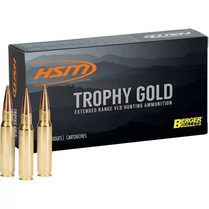 HSM Ammunition Trophy Gold 7mm Remington Magnum 140 Grain, Berger VLD, Brass Cased Rifle Ammo, 20 Rounds, BER-7MAG140VLD