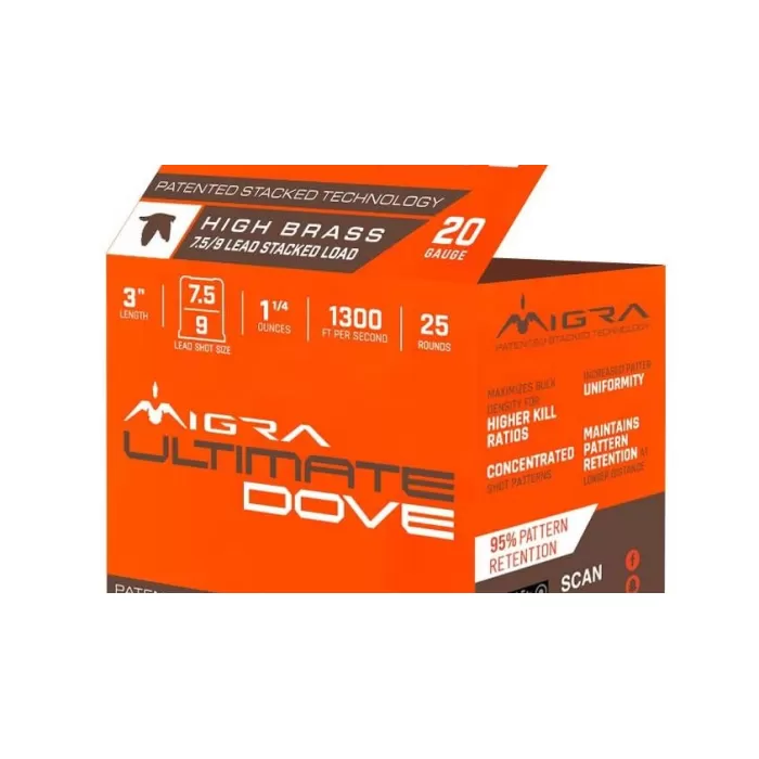 Migra Dove Ultimate Load 20 Gauge 3" 7.5-9 Stacked 1-1/4oz Ammo, 25rds - M-20UD-75-9 Migra Dove Ultimate Load 20 Gauge 3" 7.5-9 Stacked 1-1/4oz Ammo, 25rds - M-20UD-75-9