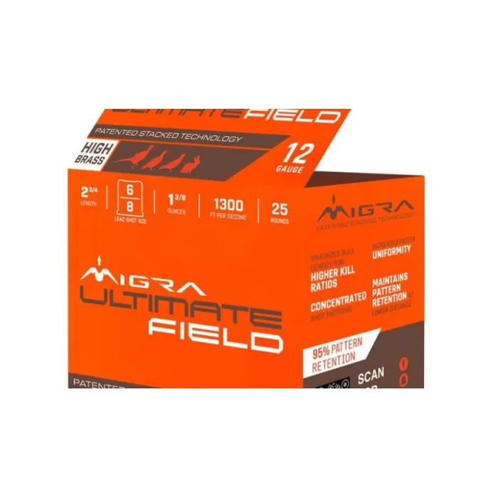 Migra Ultimate Field 12 Gauge 2-3/4" 6-8 Stacked 1-3/8oz Ammo, 25rds - M-12UF-6-8 Migra Ultimate Field 12 Gauge 2-3/4" 6-8 Stacked 1-3/8oz Ammo, 25rds - M-12UF-6-8