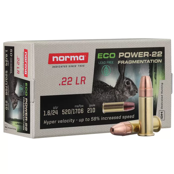 Norma Rimfire Ecopower .22 LR 24 Grain Jacketed Hollow Point Brass Cased Ammo, 50 Rounds, 2423774 Norma Rimfire Ecopower .22 LR 24 Grain Jacketed Hollow Point Brass Cased Ammo, 50 Rounds, 2423774
