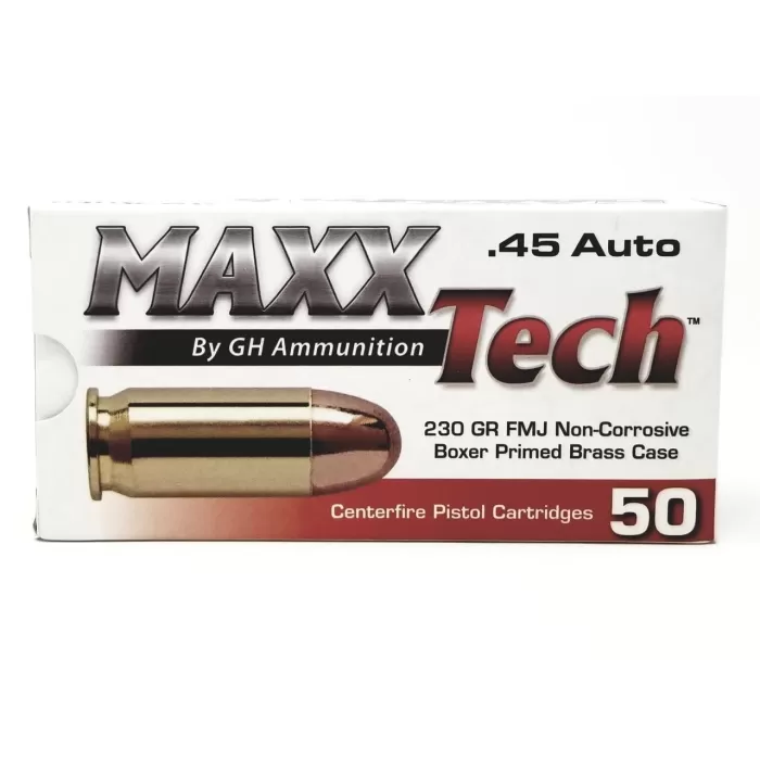 MAXXTECH .45 ACP 230 Grain Full Metal Jacket Brass Cased Centerfire Pistol Ammo, 50 Rounds, PTGB45B