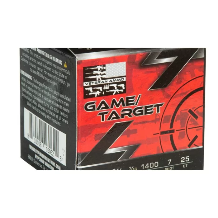 Veteran Ammo Game & Target Load 410 Ga. 2.5 In. 7/16 Oz. 1400 Fps 7 Shot 25 Rd. VETSS-410G-7-7/16OZ Veteran Ammo Game & Target Load 410 Ga. 2.5 In. 7/16 Oz. 1400 Fps 7 Shot 25 Rd. VETSS-410G-7-7/16OZ