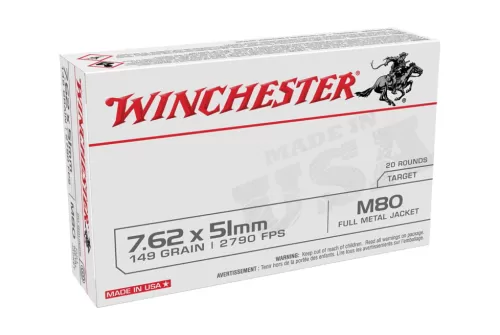 Winchester Lake City M80 Rifle Ammo 7.62x51mm 149gr FMJ 2790 fps 500/ct, WM80C