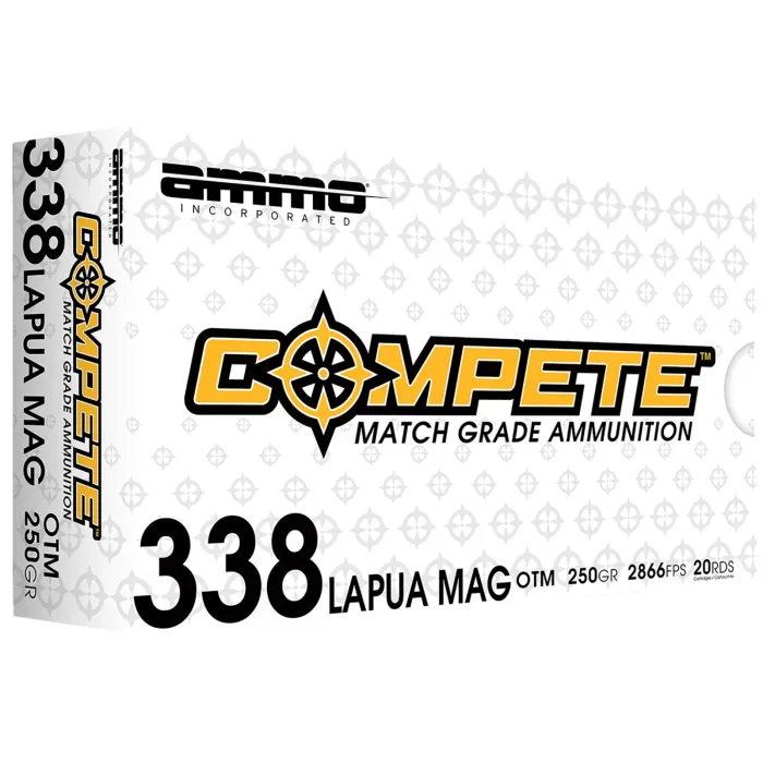 Ammo Inc 338LM250BTHPA20 Match  338Lapua Mag 250gr Boat Tail Hollow Point 20 Per Box/10 Case UPC: 818778024551