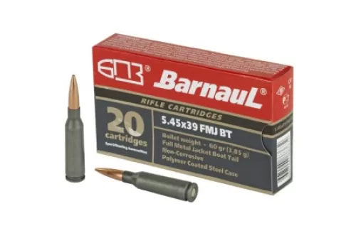BarnauL Polycoated Steel Case Rifle Ammunition 5.45x39mm 60 gr FMJ 2985 fps 500/ct Case, BRN 545x39 FMJ60C