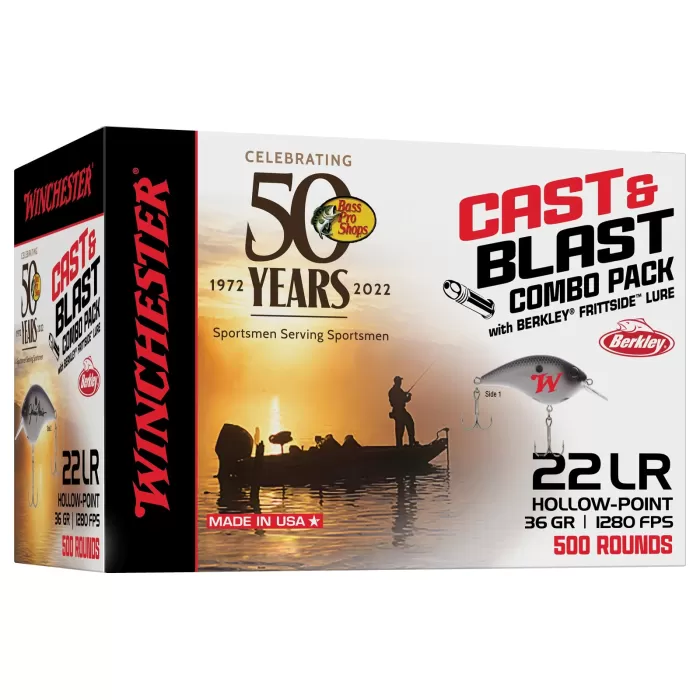 Winchester Bass Pro Shops 50th Anniversary CAST & BLAST 22 LR Ammo and Berkley Frittside Fishing Lure Combo