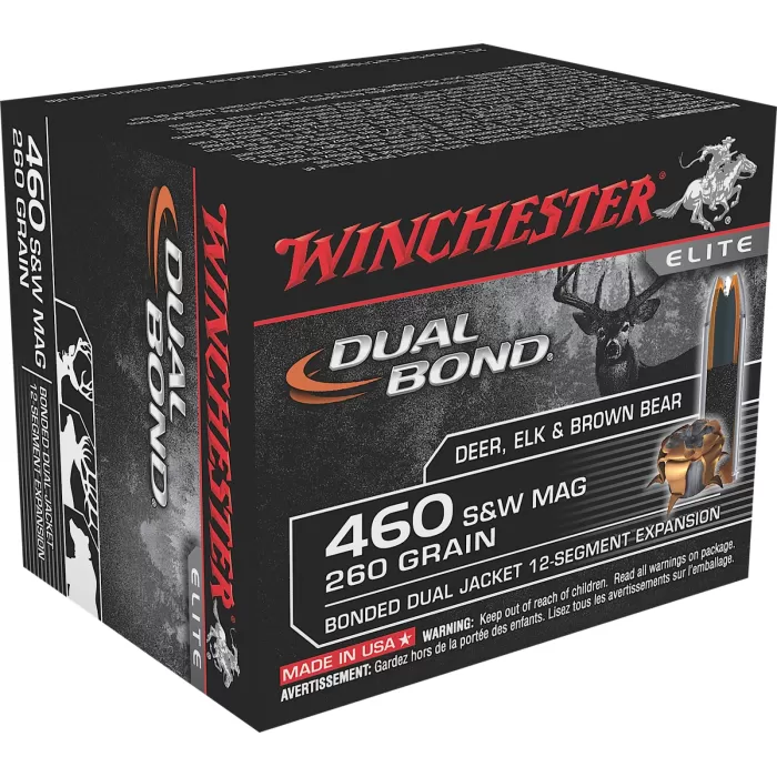 Winchester DUAL BOND HANDGUN .460 S&W 260 grain Bonded Dual Jacket Centerfire Pistol Ammo, 20 Rounds, S460SWDB Winchester DUAL BOND HANDGUN .460 S&W 260 grain Bonded Dual Jacket Centerfire Pistol Ammo, 20 Rounds, S460SWDB