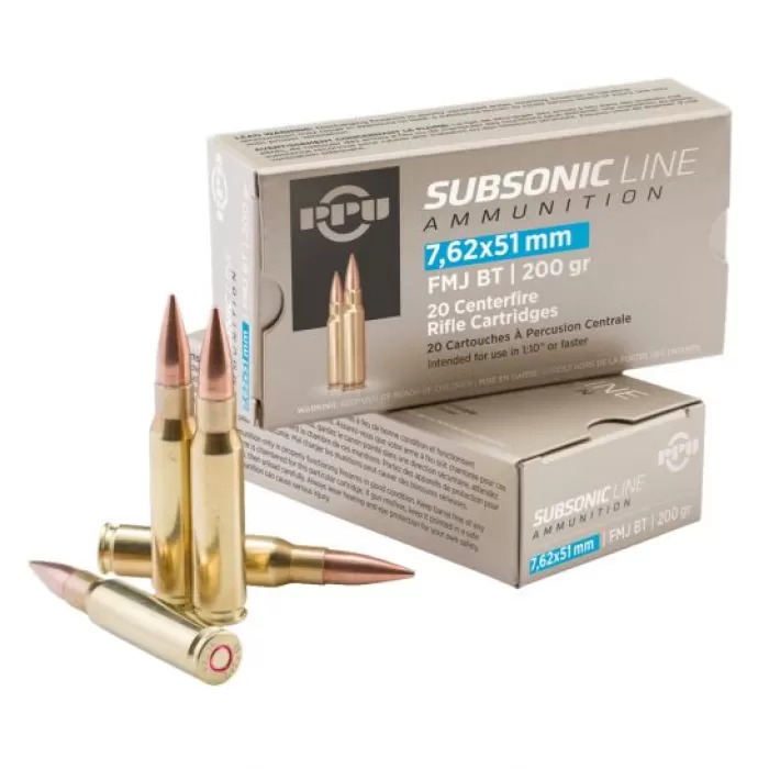 PRVI Partizan 7.62x51mm FMJ BT Subsonic Ammunition 20rd Box - PPS762 PRVI Partizan 7.62x51mm FMJ BT Subsonic Ammunition 20rd Box - PPS762