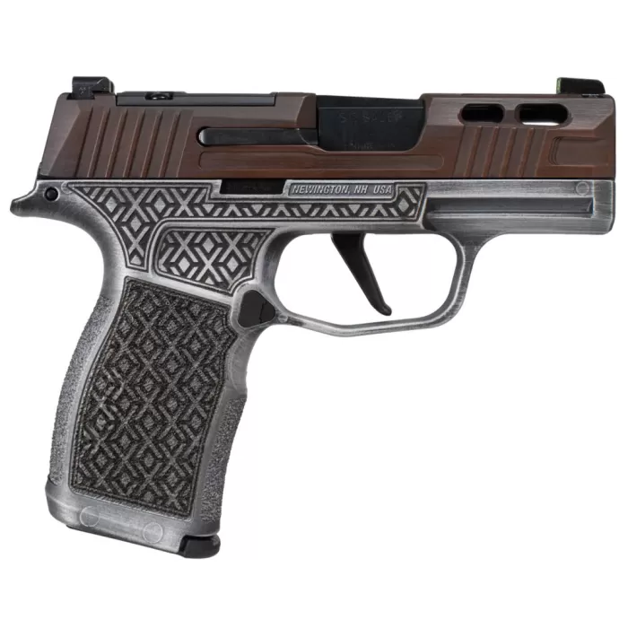 Shark Coast Tactical Sig P365X Debacle 9mm, 3.1" Barrel, Battleworn Gray Frame, Bronze Slide, 12rd Shark Coast Tactical Sig P365X Debacle 9mm, 3.1" Barrel, Battleworn Gray Frame, Bronze Slide, 12rd