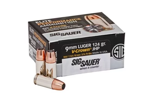 SIG Sauer Elite V-Crown 9mm Ammo 124 Grain JHP 50 rds/box - E9MMA2-50