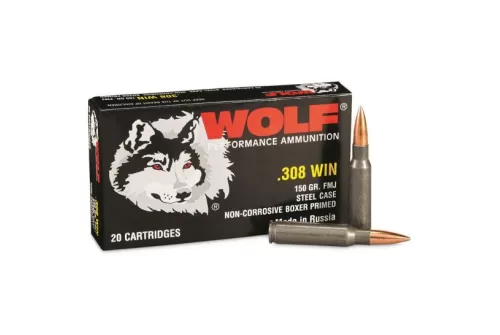 Wolf Steel Case 150 gr FMJ .308 Winchester Ammunition, 20 Rounds - WOLA308WFMJ