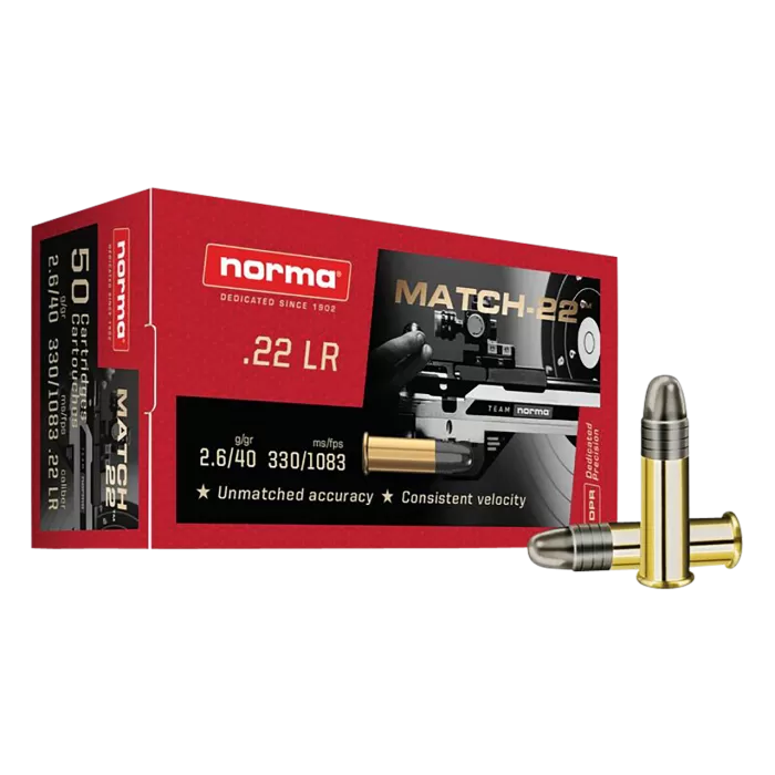 Norma Match-22 .22 LR 40gr Rimfire Ammo (50/box) 2425076 Norma Match-22 .22 LR 40gr Rimfire Ammo (50/box) 2425076
