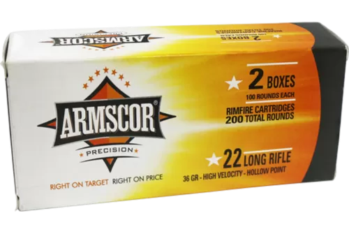 Armscor 50321 Rimfire 
22 Long Rifle (LR) 36 GR High Velocity Hollow Point 200 Bx/ 11 CS