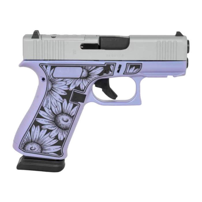 Glock G43X 9mm Luger 15+1 3.41" Silver Cerakote Slide, Black/Purple Flowers Polymer Frame - UX4350204NR15ORMDPUR Glock G43X 9mm Luger 15+1 3.41" Silver Cerakote Slide, Black/Purple Flowers Polymer Frame - UX4350204NR15ORMDPUR