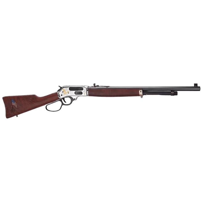 Henry H010BGMC Spirit Of The Corps 45-70 Gov 4+1 22" Black Octagon Barrel, Nickel Engraved w/24K Gold Inlay Brass Drilled & Tapped Receiver, American Walnut Straight Stock