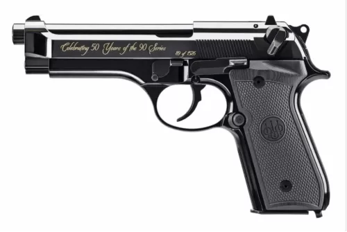Beretta USA J92SB15 92SB Repro 50th Anniversary 9mm Luger 15+1 4.90" Blued Barrel, Polished Blued Engraved/Serrated Slide, Polished Anodized Aluminum Frame w/Beavertail, Black G10 Grip