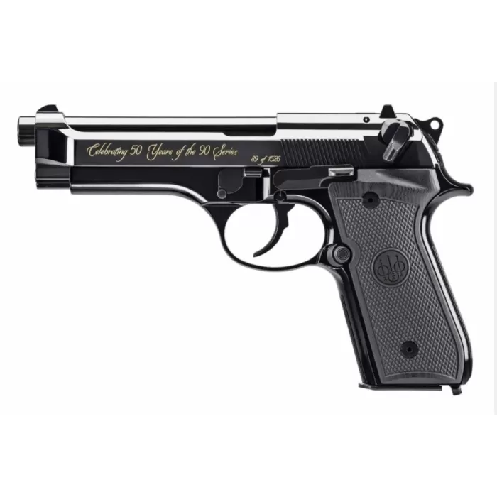 Beretta USA J92SB15 92SB Repro 50th Anniversary 9mm Luger 15+1 4.90" Blued Barrel, Polished Blued Engraved/Serrated Slide, Polished Anodized Aluminum Frame w/Beavertail, Black G10 Grip