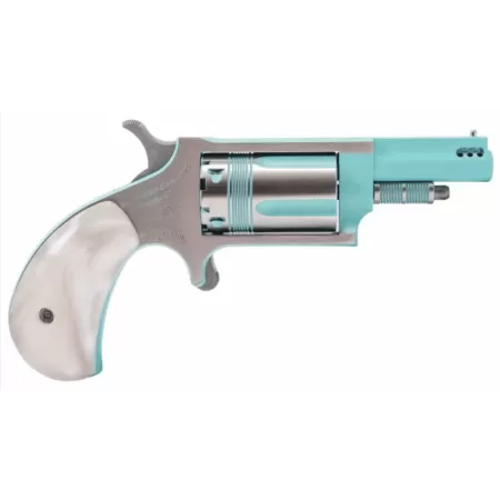 North American Arms 22MPB Iris undefined 22 Mag 5 Shot 1.63" Turquoise Cerakote Ported Barre Matte Stainless Steel Frame, Stainless/Turquoise Cylinder, Faux White Pearl Grip, Exposed Hammer