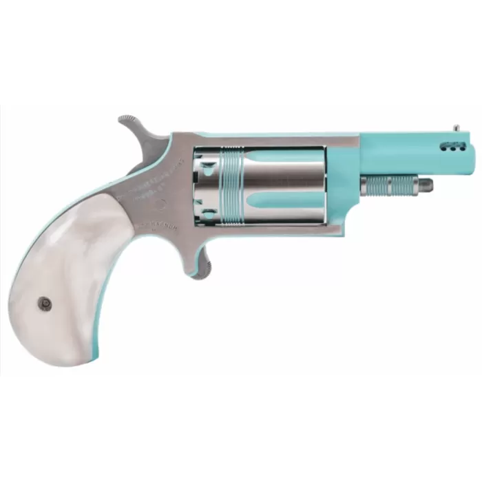 North American Arms 22MPB Iris undefined 22 Mag 5 Shot 1.63" Turquoise Cerakote Ported Barre Matte Stainless Steel Frame, Stainless/Turquoise Cylinder, Faux White Pearl Grip, Exposed Hammer