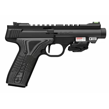 Browning 051612490 Buck Mark Black Label 250 SR 22 LR 10+1 4.40" Matte Black Threaded Bull Barrel, Matte Black Aluminum Frame w/Picatinny Rail Top & Bottom, Black G10 Grip w/ Inscribed Waving Flag, Cr