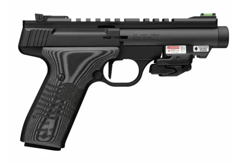 Browning 051612490 Buck Mark Black Label 250 SR 22 LR 10+1 4.40" Matte Black Threaded Bull Barrel, Matte Black Aluminum Frame w/Picatinny Rail Top & Bottom, Black G10 Grip w/ Inscribed Waving Flag, Cr