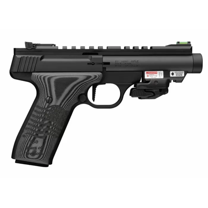 Browning 051612490 Buck Mark Black Label 250 SR 22 LR 10+1 4.40" Matte Black Threaded Bull Barrel, Matte Black Aluminum Frame w/Picatinny Rail Top & Bottom, Black G10 Grip w/ Inscribed Waving Flag, Cr
